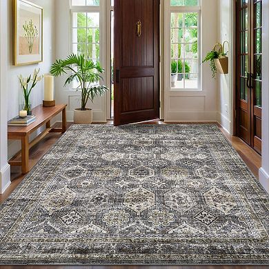 Washable Rug for Bedroom Non Slip Stain Resistant Low Pile Vintage Distressed Floor Mat