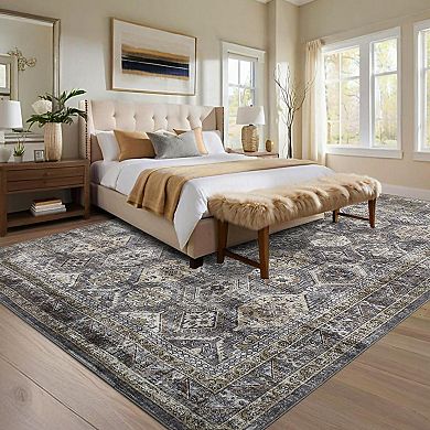 Washable Rug for Bedroom Non Slip Stain Resistant Low Pile Vintage Distressed Floor Mat