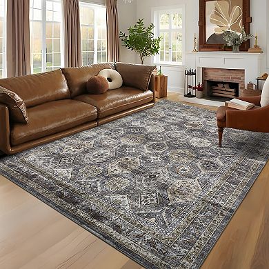 Washable Rug for Bedroom Non Slip Stain Resistant Low Pile Vintage Distressed Floor Mat