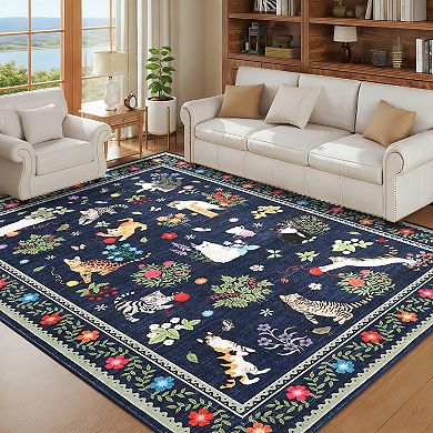 Cute Cat Machine Washable Rug Non-Slip, Smudge Resistant, Soft Low Pile Collapsible Mat