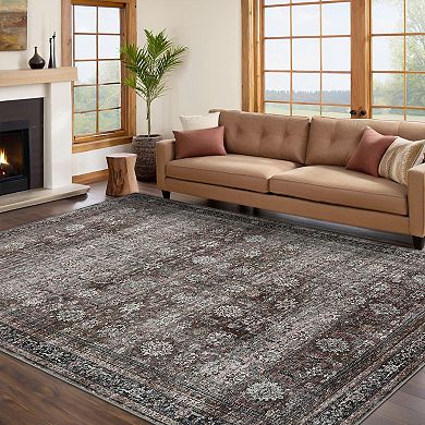 Washable Floral Area Rugs, Stain-Resistant Vintage Distressed Accent Carpet, Non-Slip Backing