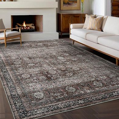 Washable Floral Area Rugs, Stain-Resistant Vintage Distressed Accent Carpet, Non-Slip Backing