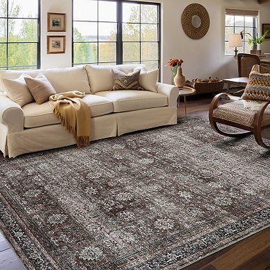 Washable Floral Area Rugs, Stain-Resistant Vintage Distressed Accent Carpet, Non-Slip Backing
