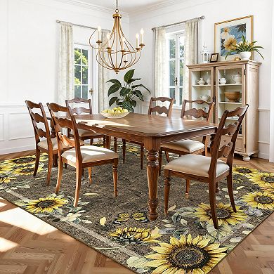 Sunflower Floral Machine Washable Rug Soft Non Slip Low Pile Foldable Thin Carpet