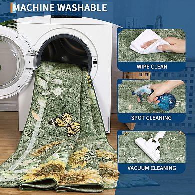 Sunflower Floral Machine Washable Rug Soft Non Slip Low Pile Foldable Thin Carpet