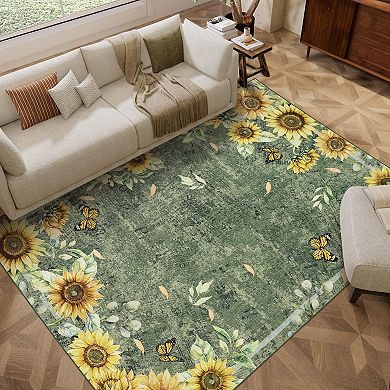 Sunflower Floral Machine Washable Rug Soft Non Slip Low Pile Foldable Thin Carpet