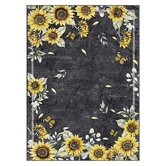 Sunflower Floral Machine Washable Rug Soft Non Slip Low Pile Foldable Thin Carpet