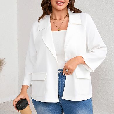 Women's Plus Size Open Front Blazer - 3/4 Sleeve Casual Office Jacket with Pockets