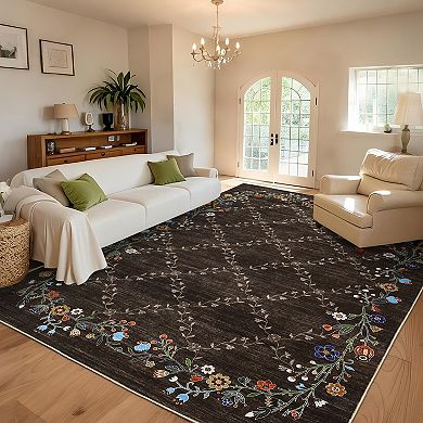 Washable Soft Abstract Rug - Stain Resistant, Non-Slip Low Pile Indoor Carpet for Living Room