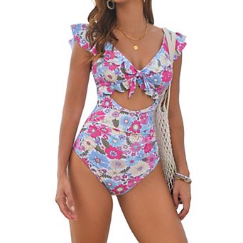 Women's Floral Print Ruffle Sleeve One Piece Swimsuit with Cutout Tie Front Bathing Suit
