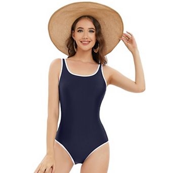 Women's Contrast Trim U-Neck One Piece Swimsuit with Low Back Bathing Suit