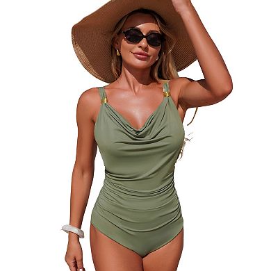 Women's Cowl Neck Ruched One Piece Swimsuit with Lace Up Back Adjustable Straps Bathing Suit