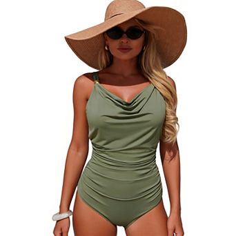 Women's Cowl Neck Ruched One Piece Swimsuit with Lace Up Back Adjustable Straps Bathing Suit