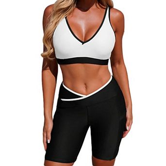 Women's Color Block Two Piece Bathing Suit, V Neck Crop Top with High Waisted Modest Swim Shorts