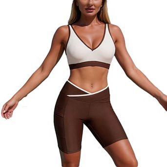 Women's Color Block Two Piece Bathing Suit, V Neck Crop Top with High Waisted Modest Swim Shorts