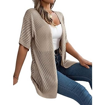 Women's Hollow Knit Short Sleeve Cardigan Beach Cover-Up