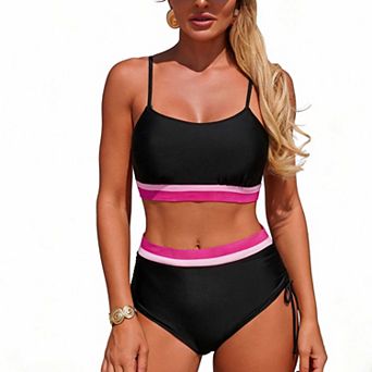 Women's High Waisted Two Piece Bathing Suit, Color Block Strap Top with Drawstring Modest Swimwear