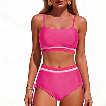 Women's High Waisted Two Piece Bathing Suit, Color Block Strap Top with Drawstring Modest Swimwear