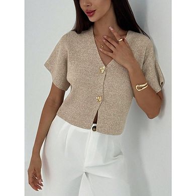 Women's Short Sleeve V Neck Cardigan Sweater Slim Fit Elegant Knit Tops