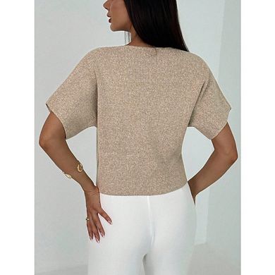Women's Short Sleeve V Neck Cardigan Sweater Slim Fit Elegant Knit Tops