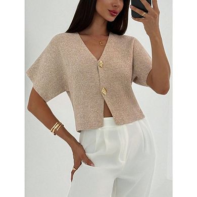 Women's Short Sleeve V Neck Cardigan Sweater Slim Fit Elegant Knit Tops