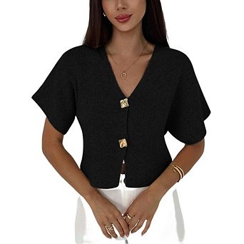 Women's Short Sleeve V Neck Cardigan Sweater Slim Fit Elegant Knit Tops