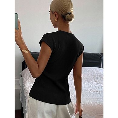 Womens Short Sleeve Slim Fitted Shirts Button Down Blouses Y2k Ribbed Tops Cardigan