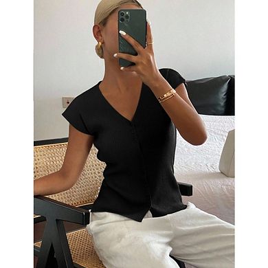 Womens Short Sleeve Slim Fitted Shirts Button Down Blouses Y2k Ribbed Tops Cardigan