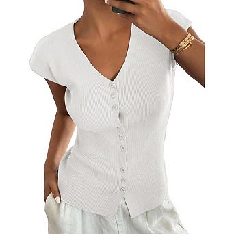 Womens Short Sleeve Slim Fitted Shirts Button Down Blouses Y2k Ribbed Tops Cardigan