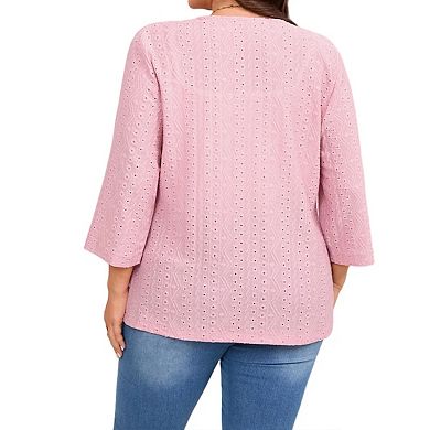Women's Plus Size 3/4 Sleeve Open Front Cardigan Lace Hem Hollowed Lightweight Cardigans Sweater