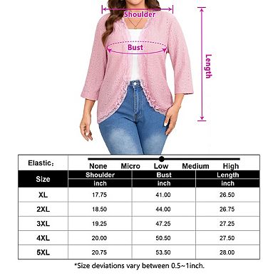 Women's Plus Size 3/4 Sleeve Open Front Cardigan Lace Hem Hollowed Lightweight Cardigans Sweater