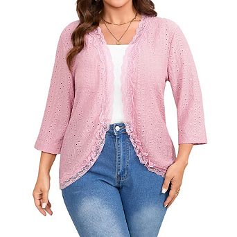 Women's Plus Size 3/4 Sleeve Open Front Cardigan Lace Hem Hollowed Lightweight Cardigans Sweater