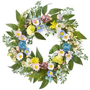 18'' Pre-lit Easter Wreath Spring Floral Egg Eucalyptus Decor