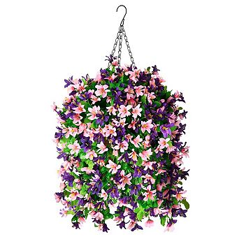10" Artificial Hanging Flowers Basket Patio Garden Decoration Faux Silk Violet Planter UV