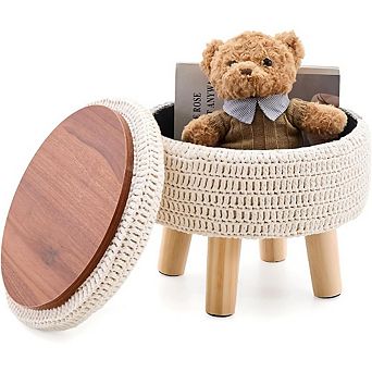 Cotton Knitted Boho Pouf Ottoman Round Footstool with Storage