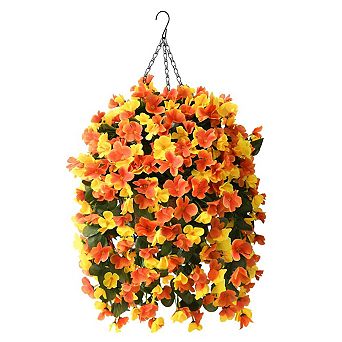 10" Artificial Hanging Begonia Flowers Basket Outdoor UV Resistant Silk Faux