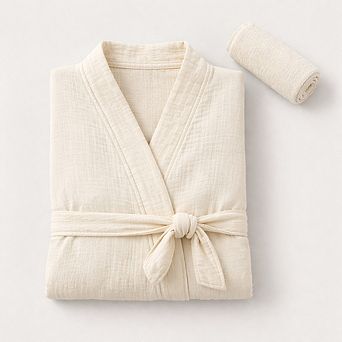 Maren %100 Turkish Cotton Muslin Robe + Hair Towel Set