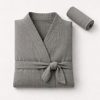 Maren %100 Turkish Cotton Muslin Robe + Hair Towel Set