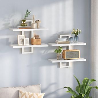 15" 2 pc Floating Wall Shelves 2 tier Hanging Storage for Bathroom Kitchen