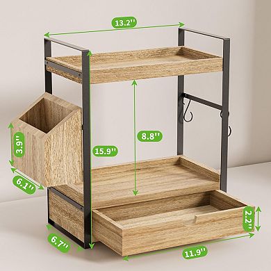 2-Tier Wood Counter Organizer with Drawer & Basket
