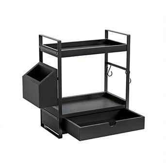 2 tier Wood Counter Organizer with Drawer & Basket