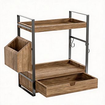 2 tier Wood Counter Organizer with Drawer & Basket