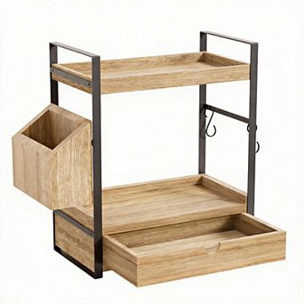 2 tier Wood Counter Organizer with Drawer & Basket