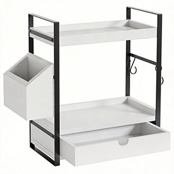 2 tier Wood Counter Organizer with Drawer & Basket