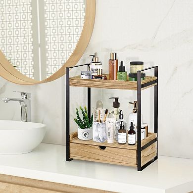 2-Tier Wood Organizer with Drawer for Countertop