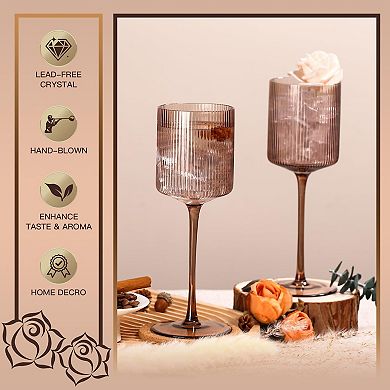 6pcs 11.5oz Ribbed Square Crystal Wine Glasses Long Stem Hand Blown Bar Party