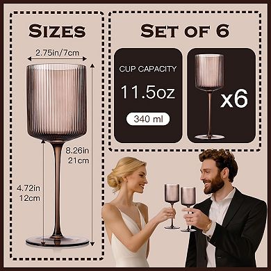 6pcs 11.5oz Ribbed Square Crystal Wine Glasses Long Stem Hand Blown Bar Party