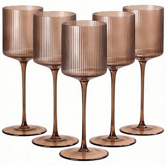 6 pc 11.5oz Ribbed Square Crystal Wine Glasses Long Stem Hand Blown Bar Party