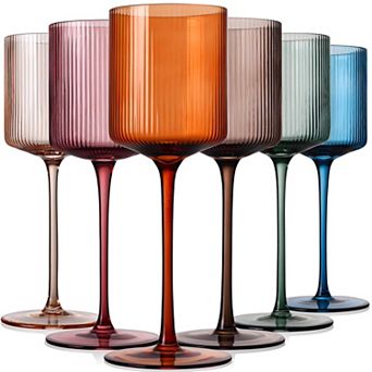 6 pc 11.5oz Ribbed Square Crystal Wine Glasses Long Stem Hand Blown Bar Party