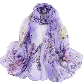 Women's Floral Scarf, Chiffon with Floral and Bird Print